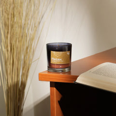 "Relax" labelled palm wax scented candle with apple and cinnamon fragrance, placed on a wooden surface, with a book and a plant in the background. 