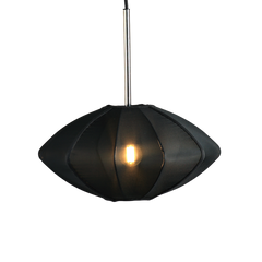 A modern pendant lamp with a white and gold geometric design shade, suspended by a brass-like rod, against a neutral background.
