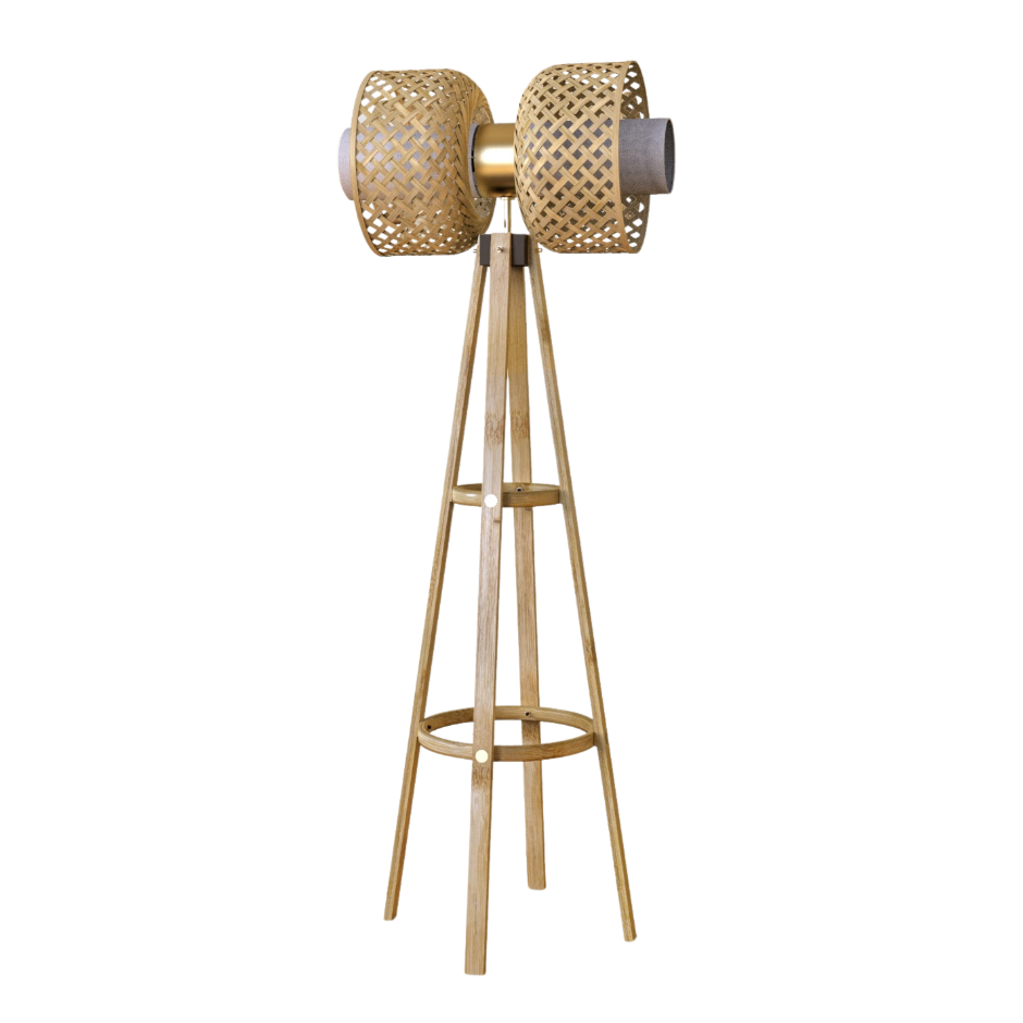 Decorative Metamorphosis Floor Lamp with gold base and bamboo mesh design