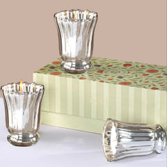 Silver Blossom - Votive Candle - Silver - Santal Blush - Set of 3, silver votives arranged around closed floral gift box