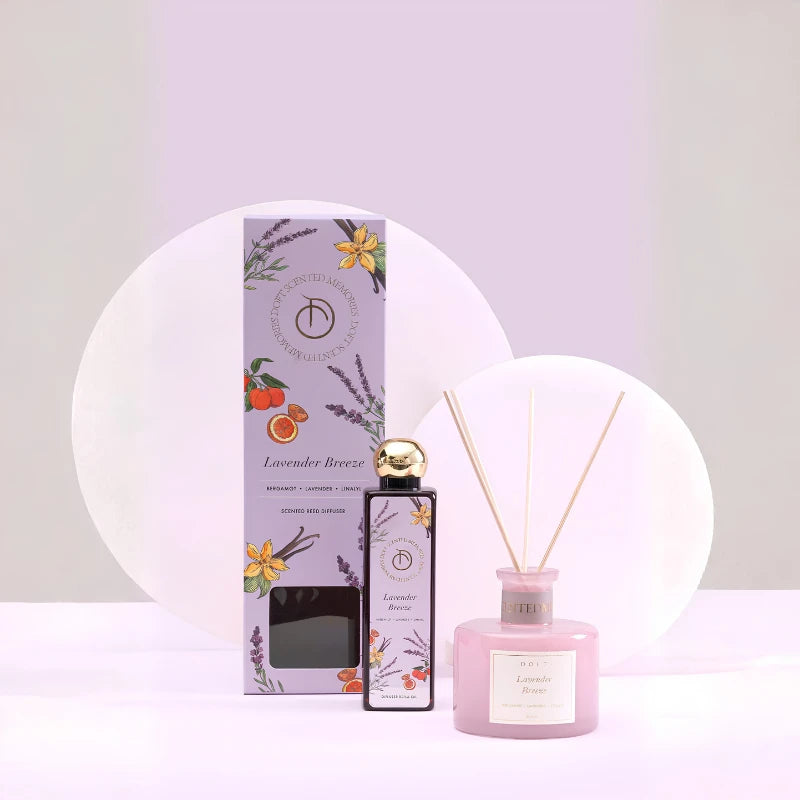Scented Reed Diffuser Set - Lavender Breeze, pink glass diffuser with reeds, refill bottle and lilac box