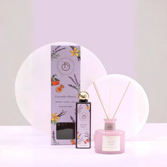Scented Reed Diffuser Set - Lavender Breeze, pink glass diffuser with reeds, refill bottle and lilac box