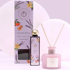 Scented Reed Diffuser Set - Lavender Breeze, close view of diffuser, black refill bottle and Lavender Breeze box