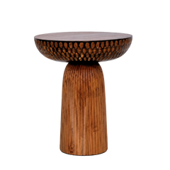 Mova End Table front view, teak chalice-shaped top with oval carvings on a reeded pedestal