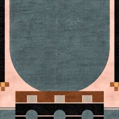 Rug with geometric design featuring a large blue circle, pink border, and brown rectangular element.
