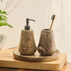 Reen Brown Dispenser Set - Brown Marble Dispenser and Tumbler on Round Tray, Wooden Counter