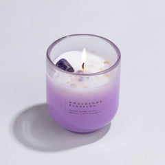 Crystal Energy - U-Glass Candle - Mint Eucalyptus & Moroccan Rose - Set of 2, lit violet glass candle on lavender backdrop