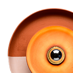 Close look of Designer Wall Lamp, halo style illumination via its smaller surrounding plate and inner light source.