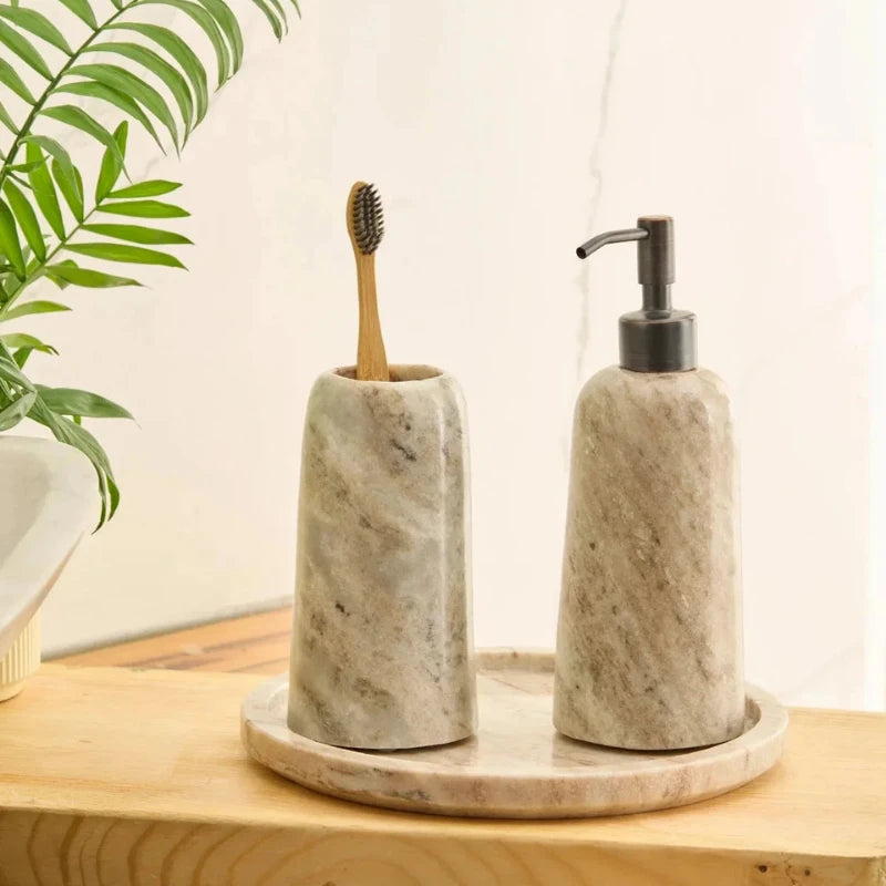 Rower Dispenser Set - Grey Veined Marble Dispenser and Tumbler on Round Tray