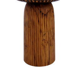 Mova End Table close-up of deeply reeded teak pedestal base showing natural wood grain