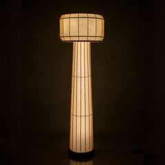 Round Domus Floor Lamp with a cylindrical design and textured shade and warm lighting
