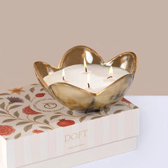 Eternal Bloom - Bowl Candle - Green - Zen Garden, lit four-wick flower-shaped bowl on floral Doft gift box