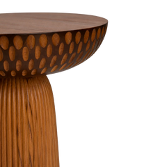Mova End Table detail of hand-carved oval dimples along the teak top edge