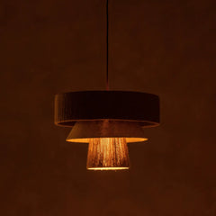 Unique char pendant light with a dark shade and wooden finish on a brown background