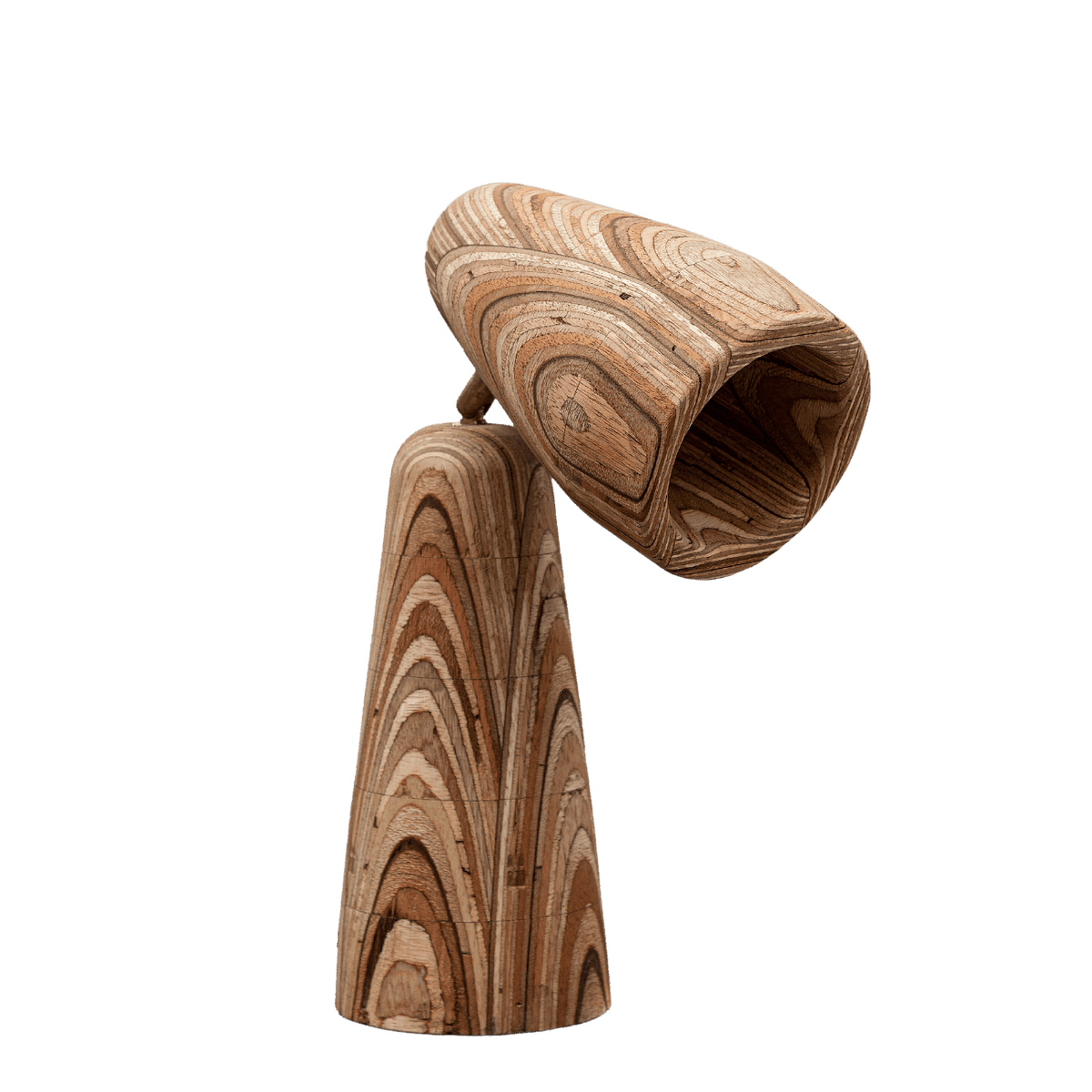 A tall, eco-friendly table lamp made of marine plywood with brass fittings, featuring a unique, organic shape with a playful, artistic design.