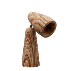 A tall, eco-friendly table lamp made of marine plywood with brass fittings, featuring a unique, organic shape with a playful, artistic design.