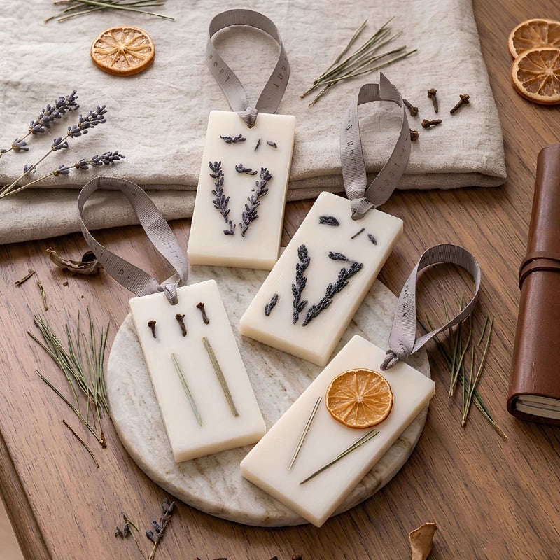 Lemongrass & Lavender - Wax Tablet - Set of 4, four tablets on marble board with lavender and dried orange