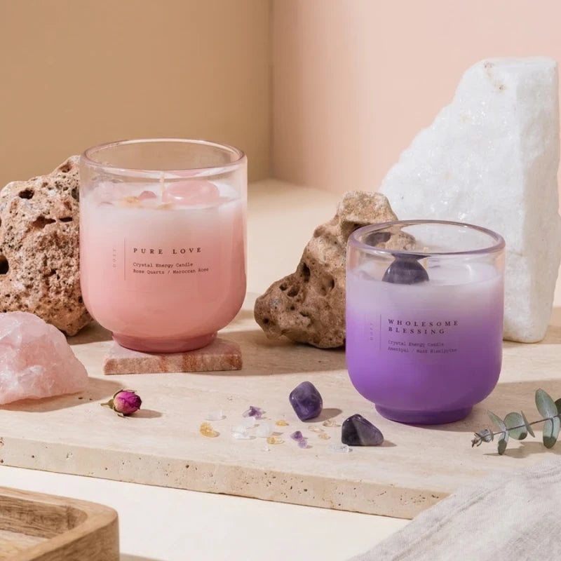 Crystal Energy - U-Glass Candle - Mint Eucalyptus & Moroccan Rose - Set of 2, Pure Love and Wholesome Blessing candles with crystals