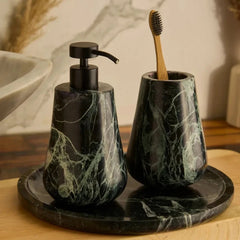 Spyder soap Dispenser Set with toothbrush holder and tray on Wooden Counter