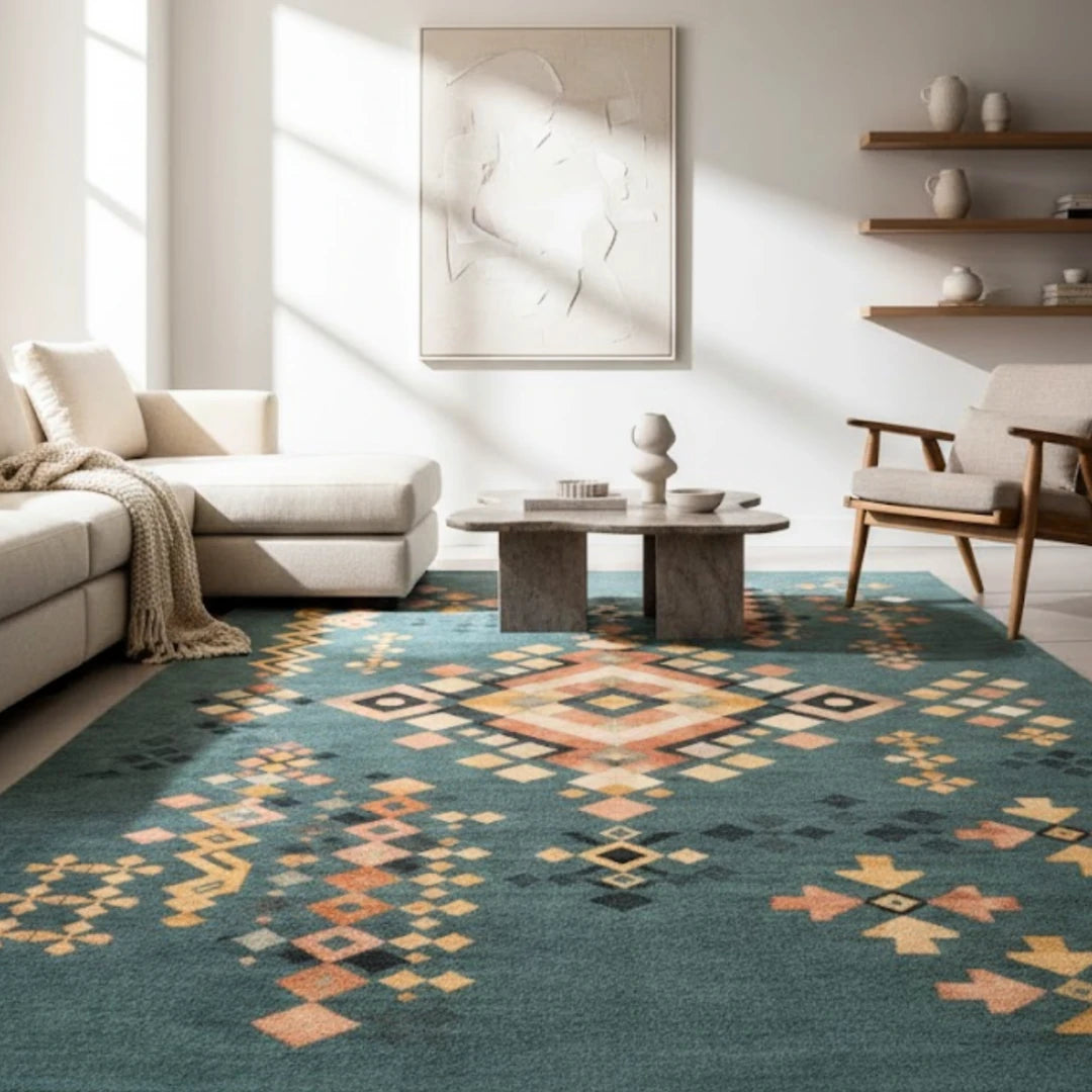 Living room with a patterned rug, sofa, and coffee table.