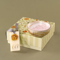 Scented Candle Gift Set - Set of 2, gold foil mini bowl candle on floral gift box with wax tablet beside
