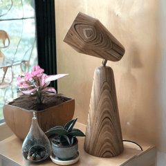 Tall Stretch Table Lamp with unique design, marine plywood with brass fittings.