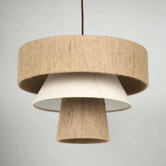 Two-layered char pendant lamp with multiple layers and natural fabric shades