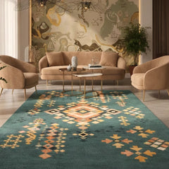 Living room with a patterned rug, sofa, and chairs.