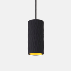 Black textured pendant light with a yellow interior on a white background