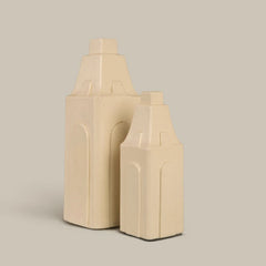 Miniature Clock Tower Vases, pair of stepped-top ceramic vases, close-up