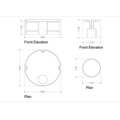 Technical line drawing showing multiple orthographic views of a circular product with dimensions labeled, including front elevation, plan, and plan views on a white background.
