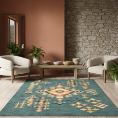 Living room with a patterned rug, chairs, and a stone wall.