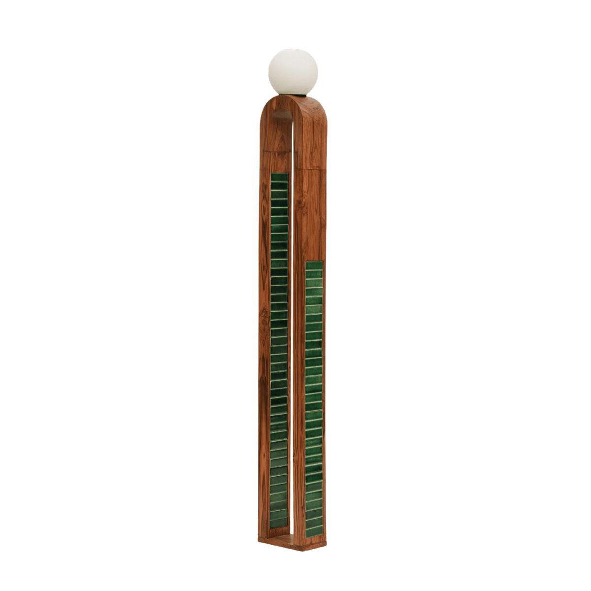 Parabola Floor Lamp full view showing its arched silhouette and handmade green tile base
