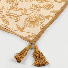 Rosabelle Chintz Ochre Table Runner close-up of microvelvet border and ochre tassels