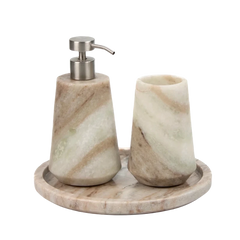 Otel Butterscotch Dispenser Set - Three-Piece Set Cut-Out, Butterscotch Veined Marble with Steel Pump
