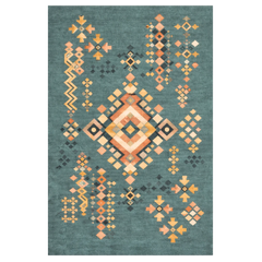 Geometric patterned rug with orange and yellow designs on a teal background