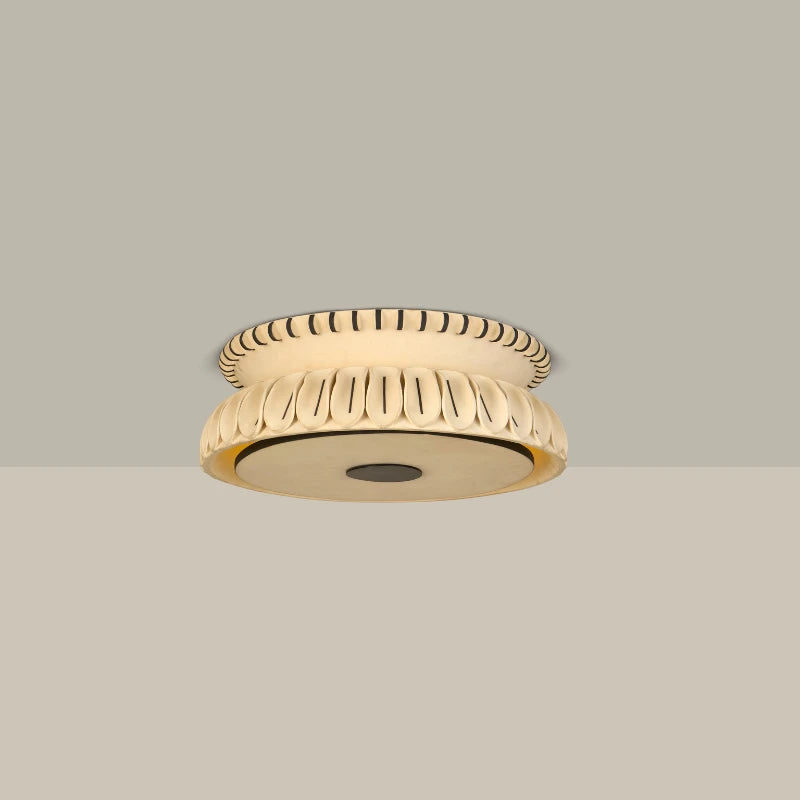 Totem Flush Mount, hand-textured ceramic ceiling light with black detailing, side view