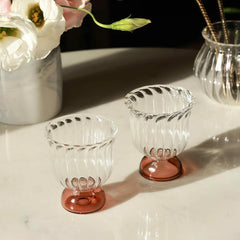 Mini Twirl Bowl - Set of 6 – pair of fluted clear glass bowls with amber-brown bases on white marble