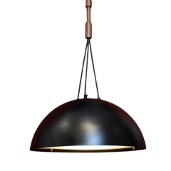 A black pendant lamp with a metallic structure and teak wood details, with a warm white light emitting from the bottom.