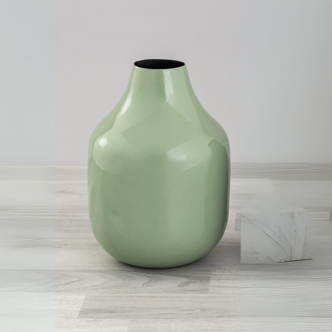 A green iron Cahabon Vase with a smooth surface, displayed against a neutral background.