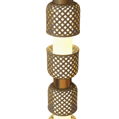 Metamorphosis Floor Lamp, close view of handwoven bamboo shade with warm ambient glow