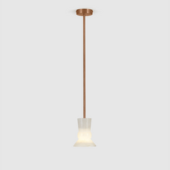 Alabaster pendant light with a white diffuser and a rose gold-colored metal stem.