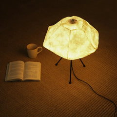 Unique Luna table lamp with a design resembling the moon's surface, mounted on a tripod base, with warm light