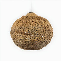 Textured brown clay pendant light on a white background