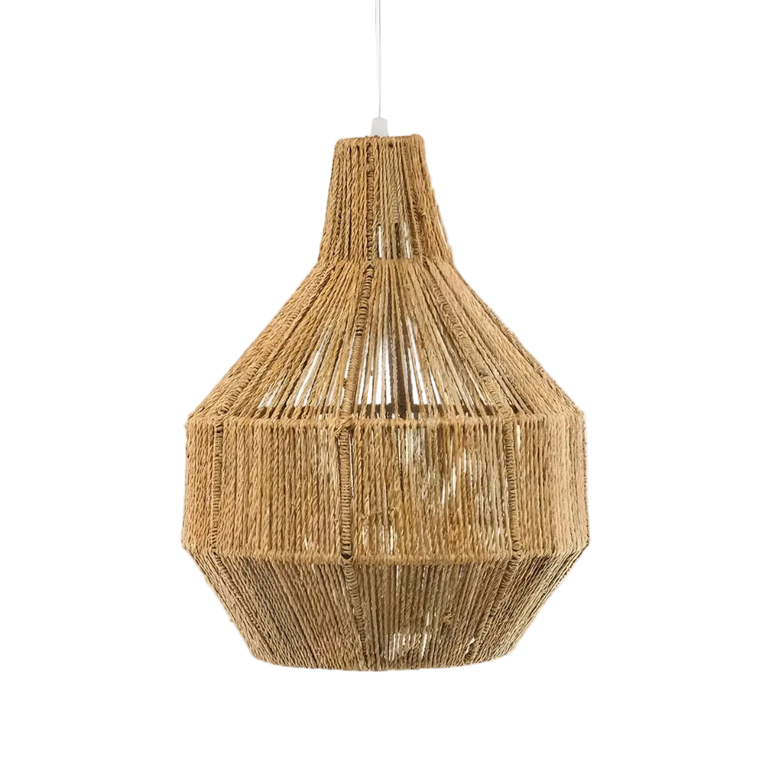 Woven rattan pendant light on a white background