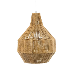 Woven rattan pendant light on a white background