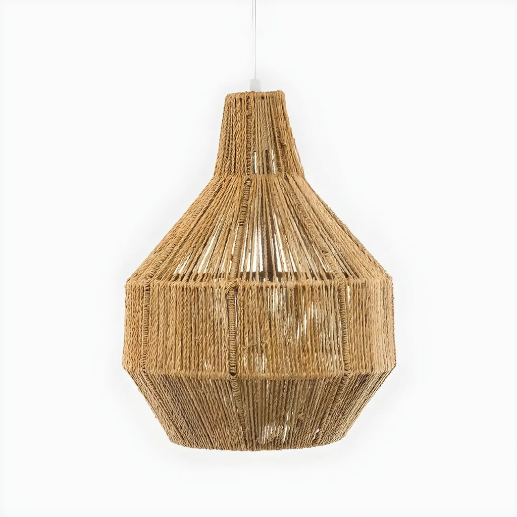 Woven rattan pendant light on a white background