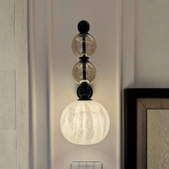 Modern wall sconce with smoked glass, alabaster globe & steel frame