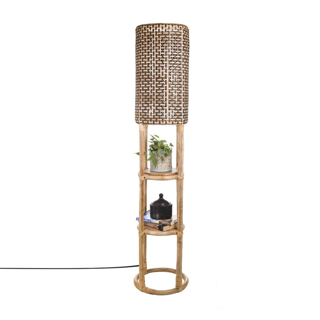 Dawki Floor Lamp full view showing bamboo frame and handwoven cane shade
