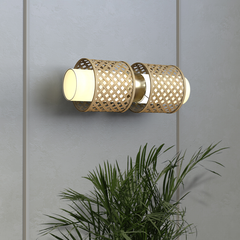 Close-up of bamboo structure and linen fabric shade of wall sconce